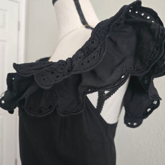 Express Black Cotton Eyelet Lace Ruffle Peplum Top L Open Back Romantic Evening - Picture 6 of 10
